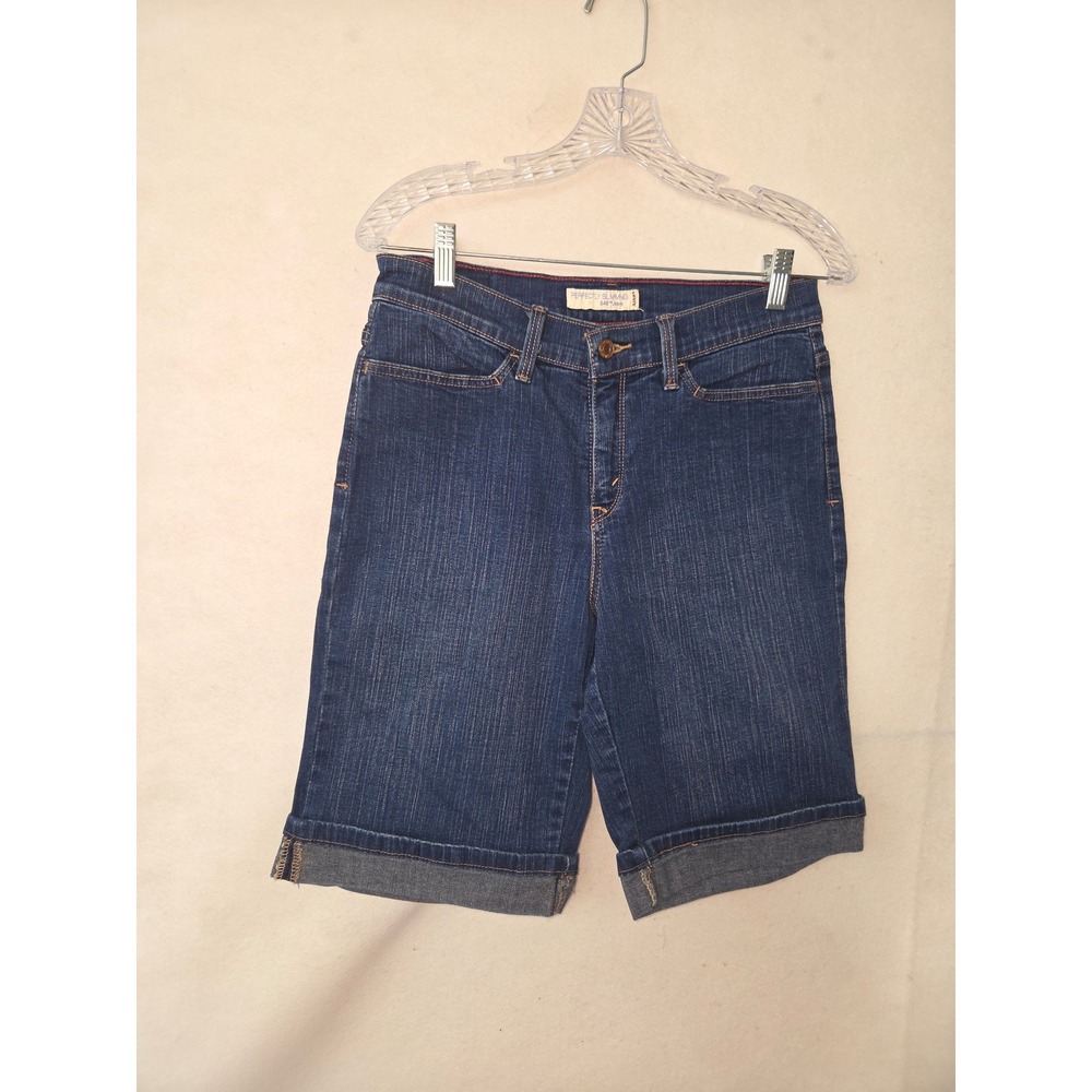 Levis Perfectly Slimming 548 Denim Shorts Dark Wash Cuffed Bermuda Womens 10
